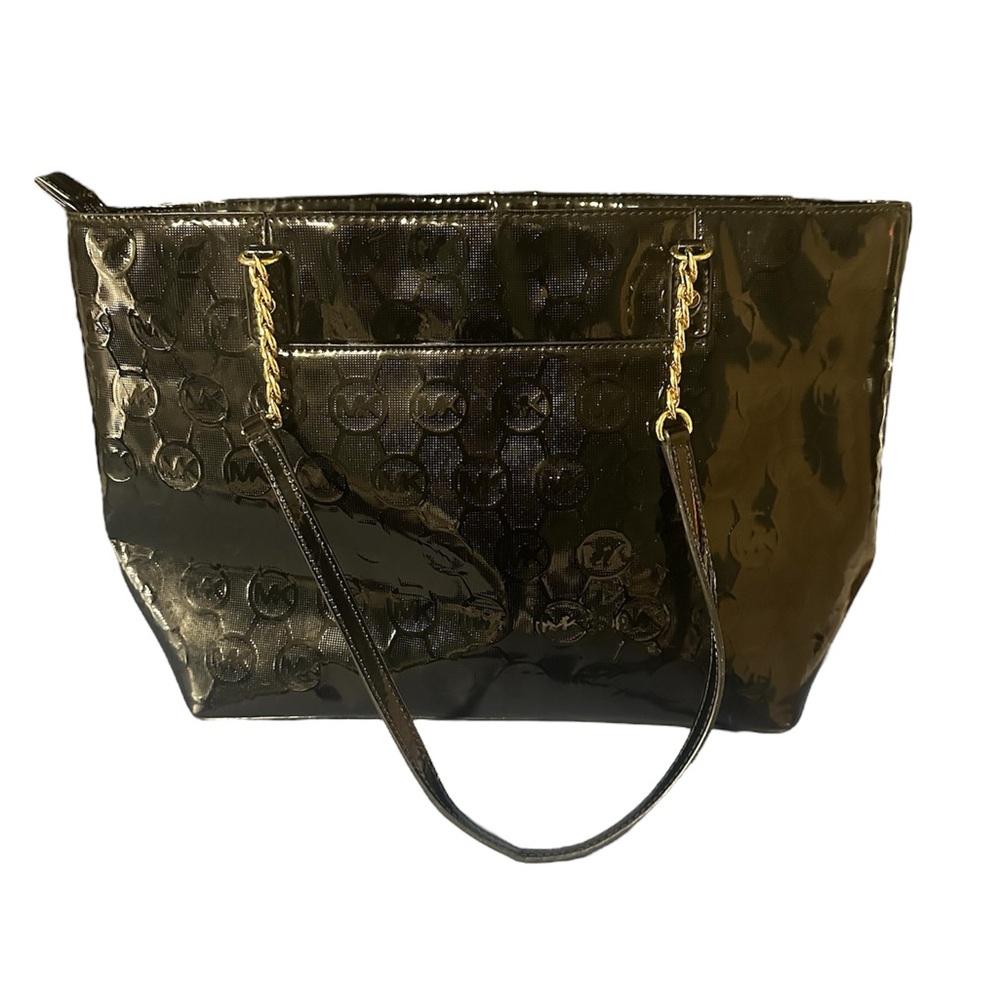 Michael‎ Kors Jet Set Black Patent Leather Tote 16Wx10Hx5D Gold Chain Handle